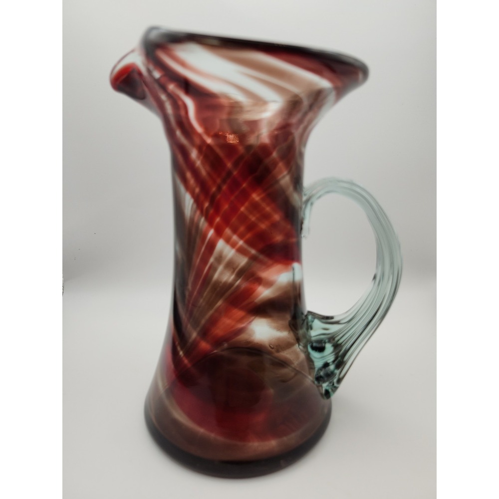 Vtg Becraft Glass Pitcher Burgundy  Brown Swirl Hand Blown Ozark Art Glass Label